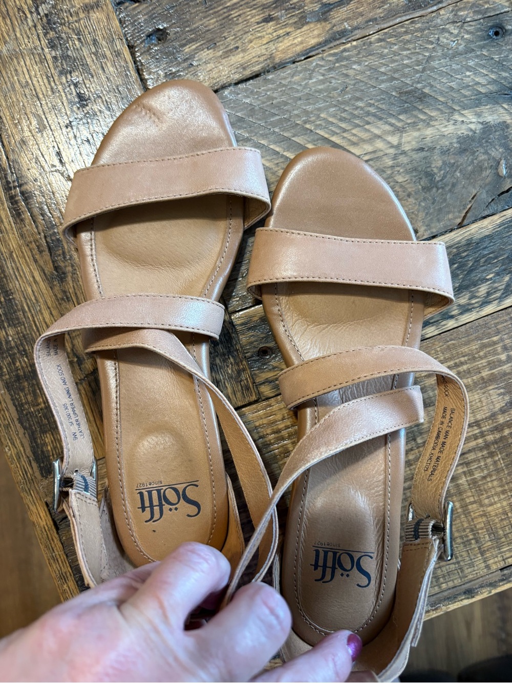 Sofft Women's Cognac Leather Two-Strap Sandals with Ankle Buckle
